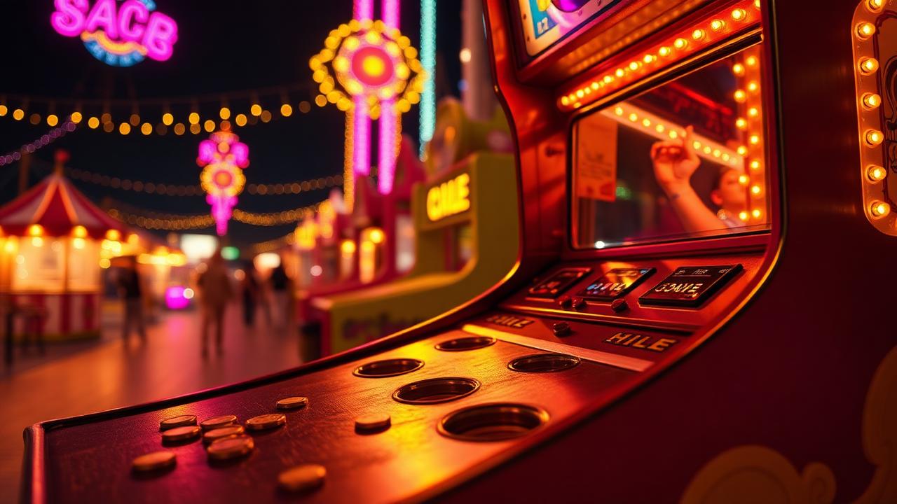 Neon boardwalk whack-a-mole arcade cabinet